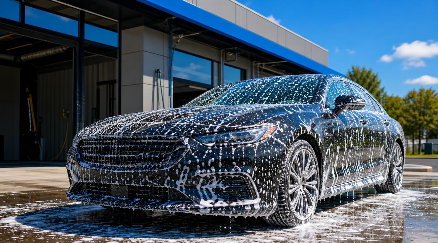 A car being washed with thick soap and water at Washington Ave Car Wash
